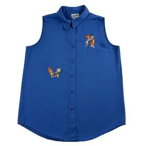 Vintage 90s The Flintstones Embroidered Sleeveless Shirt Blue USA Made Large